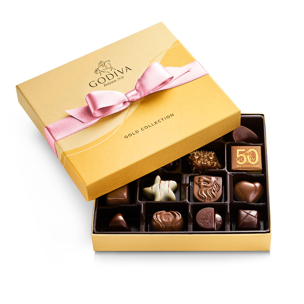 Assorted Chocolate Gold Gift Box, Pink Ribbon, 19 pc.