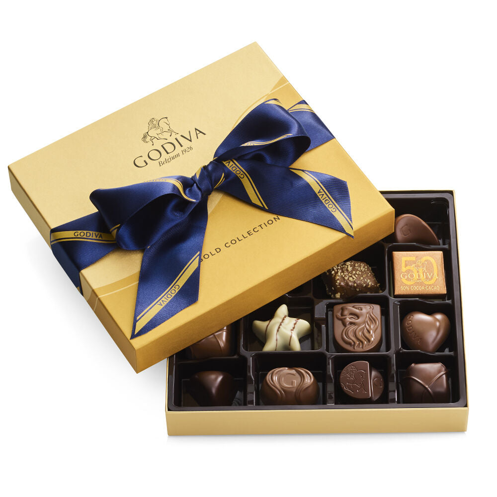 Assorted Chocolate Gold Gift Box, Striped Ribbon, 19 pc.