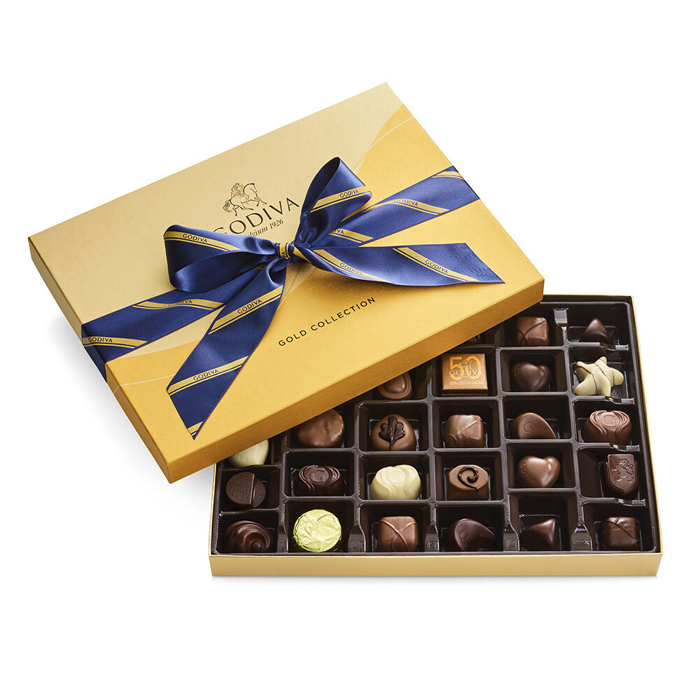 Assorted Chocolate Gold Gift Box, Striped Ribbon, 36 pc.