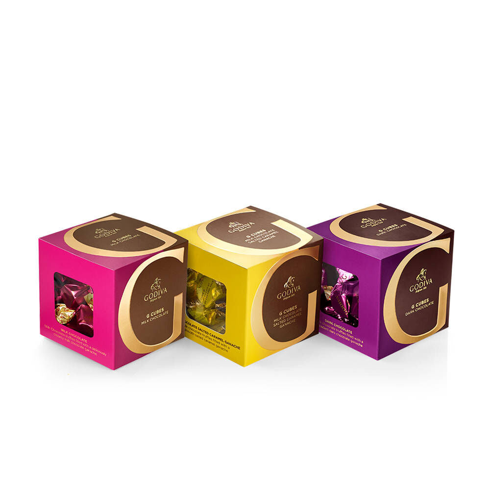 Milk, Dark and Salted Caramel Chocolate G Cube Boxes, Set of 3, 22 pcs. each