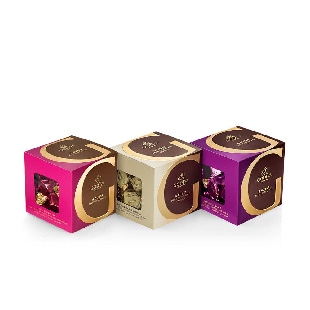 Milk, Dark and Vanilla Chocolate G Cube Boxes, Set of 3, 22 pcs. each