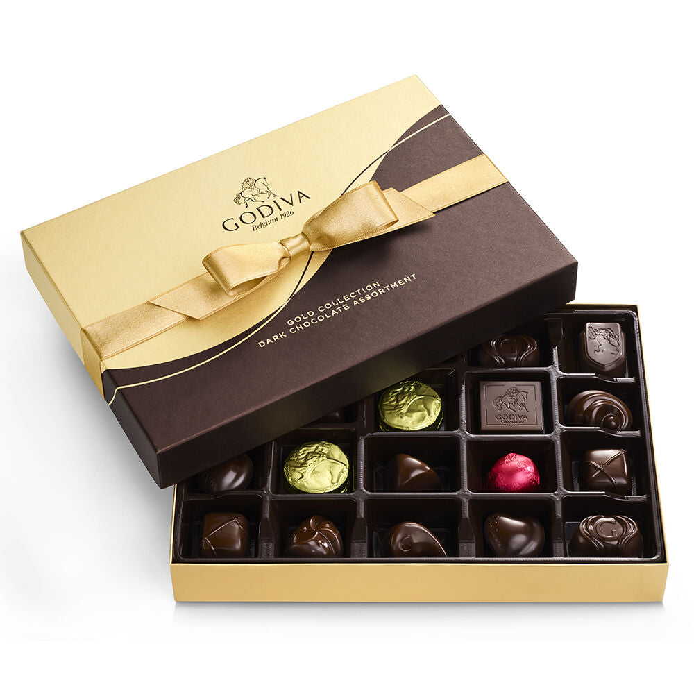 Dark Chocolate Gold Gift Box, Gold Ribbon, 22 pc. with Dark Truffles Gift Box, 12 pc.