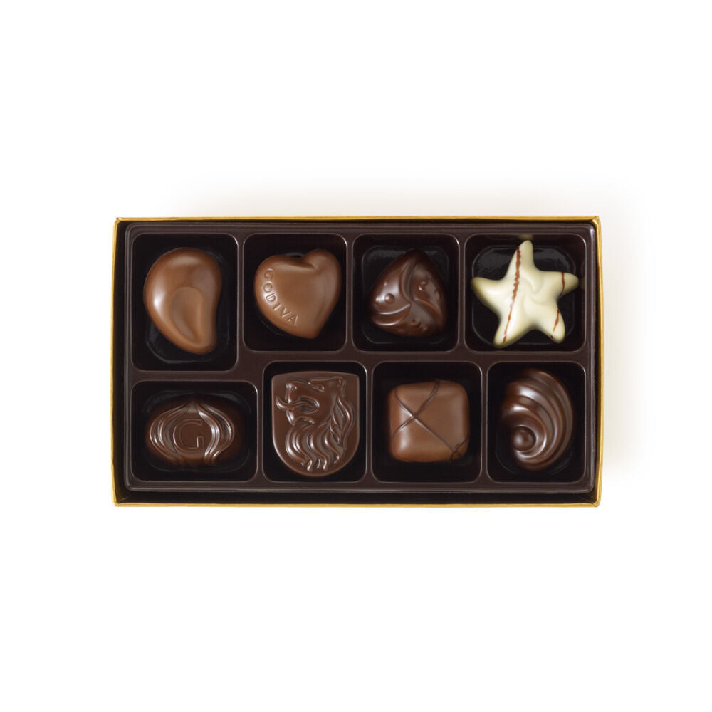 Assorted Chocolate Gold Gift Box, Red Ribbon, 8 pc. & Heart Tin, 12pc.