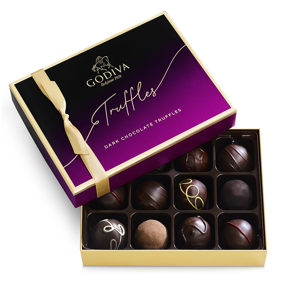 Dark Chocolate Gold Gift Box, Gold Ribbon, 22 pc. with Dark Truffles Gift Box, 12 pc.