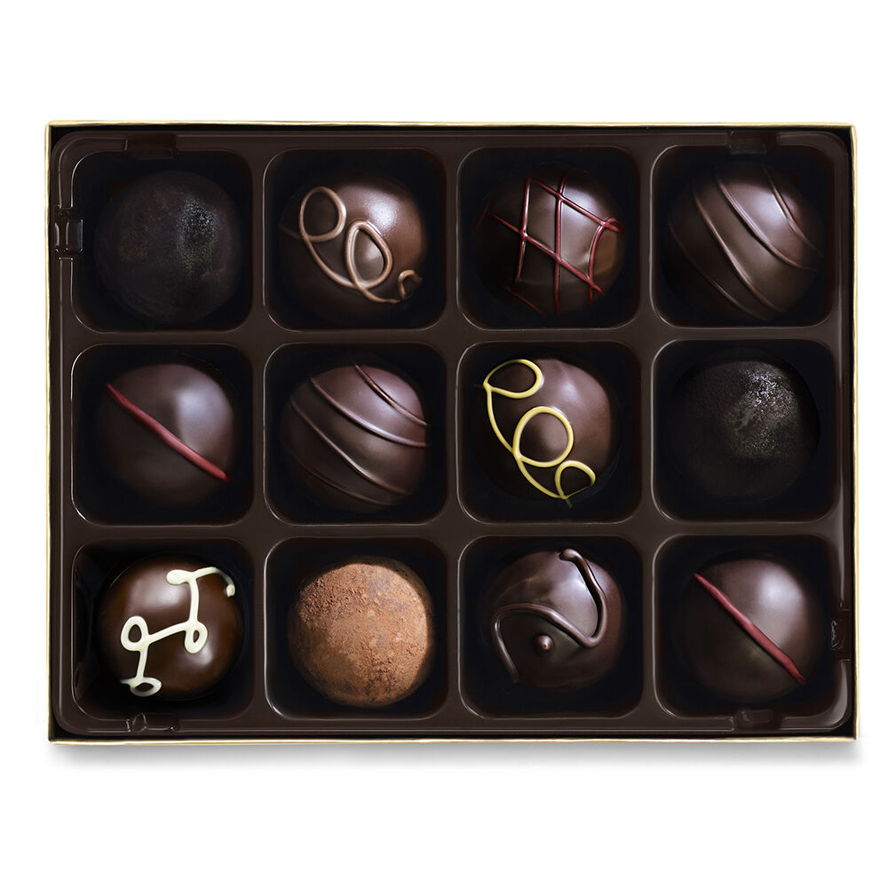 Dark Chocolate Gold Gift Box, Gold Ribbon, 22 pc. with Dark Truffles Gift Box, 12 pc.