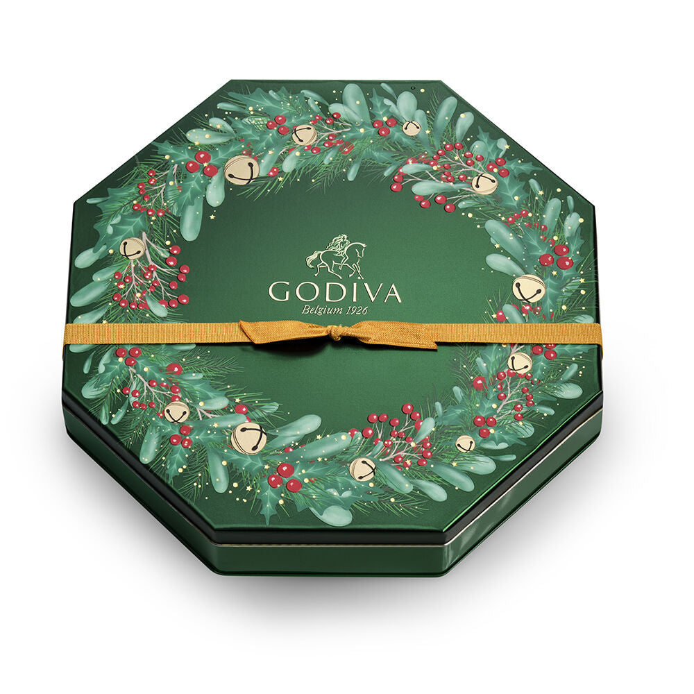 Holiday Wreath Tin Assorted Wrapped G Cube Truffles, 50 pc.