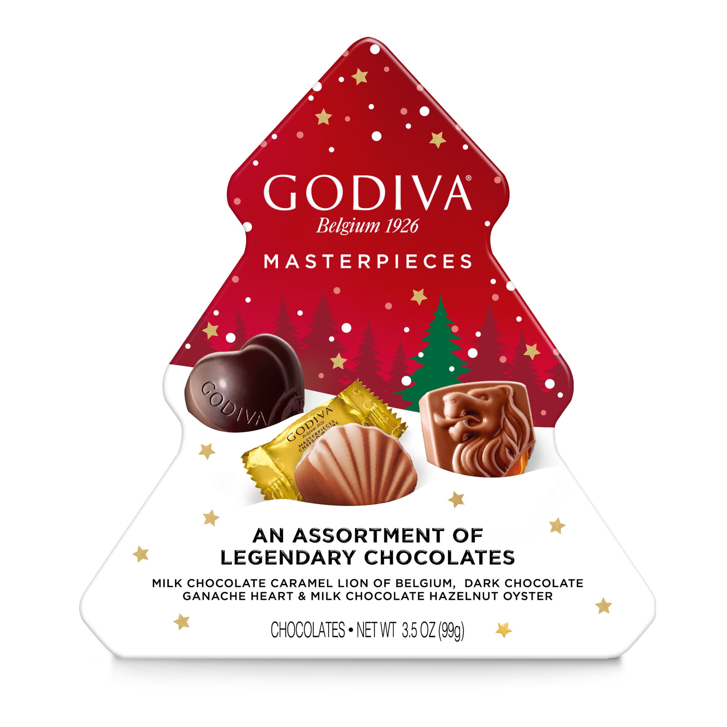 Chocolate Masterpieces Holiday Tree Tin, 12pc. | GODIVA – GODIVA