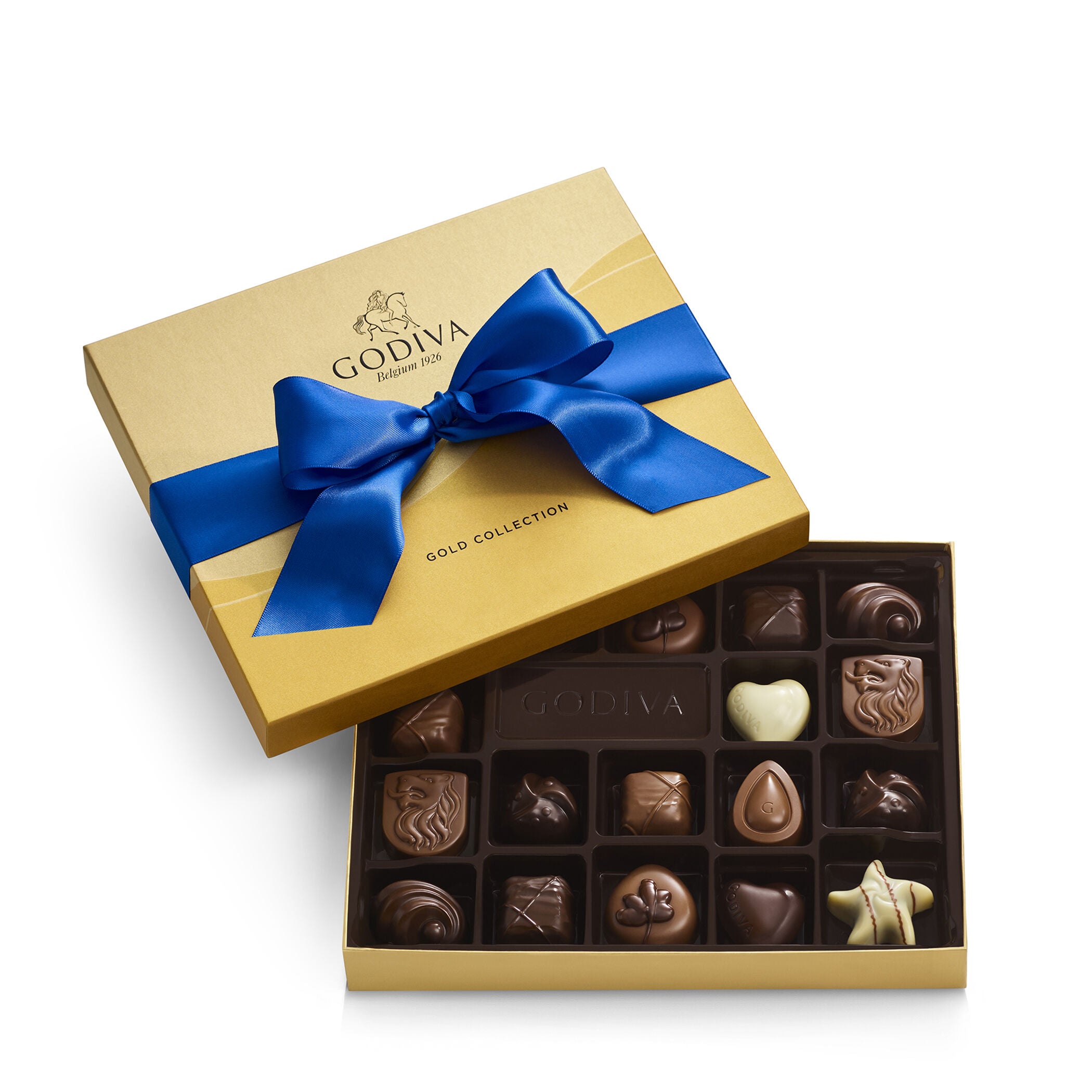 Assorted Chocolate Gold Gift Box, Solid Blue Ribbon, 18 pc.