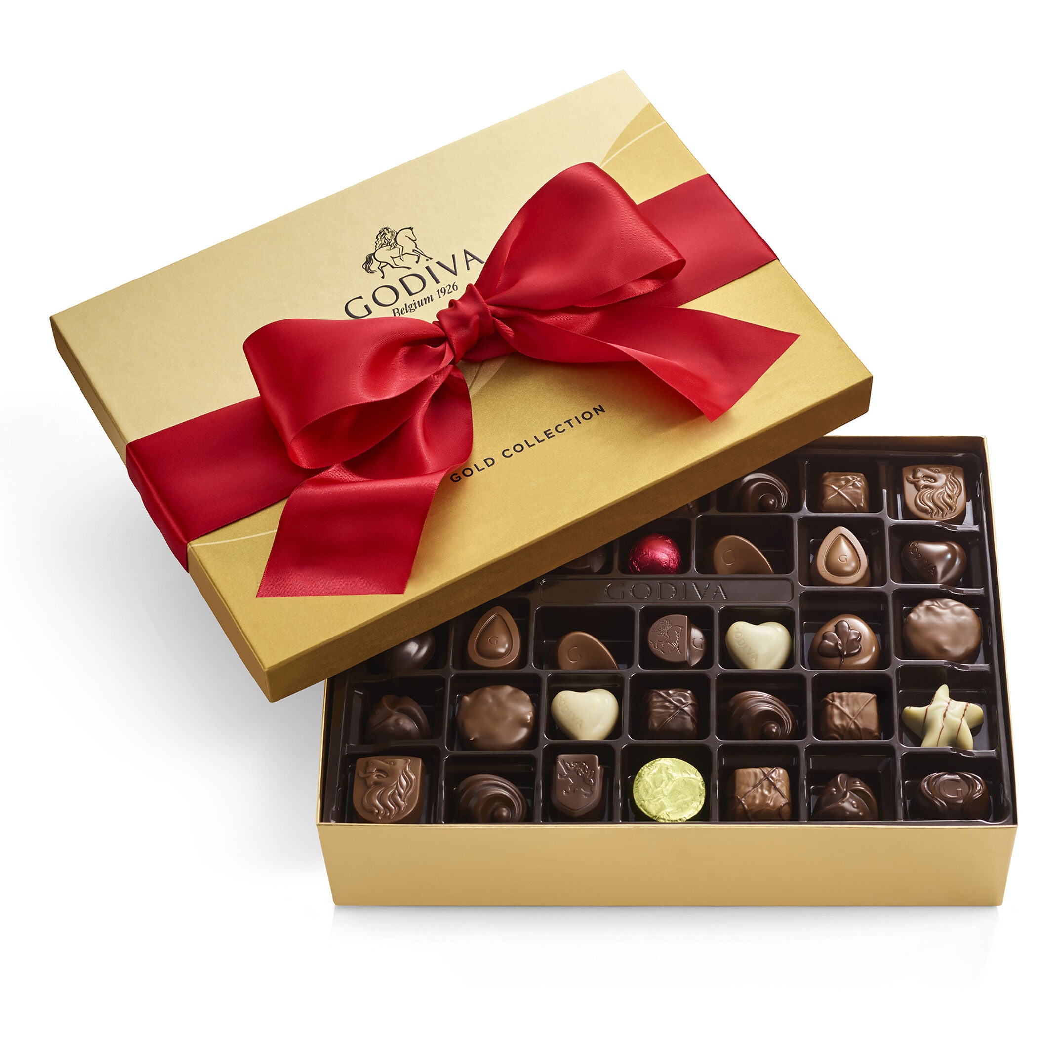 Assorted Chocolate Gold Gift Box, Solid Red Ribbon, 72 pc.