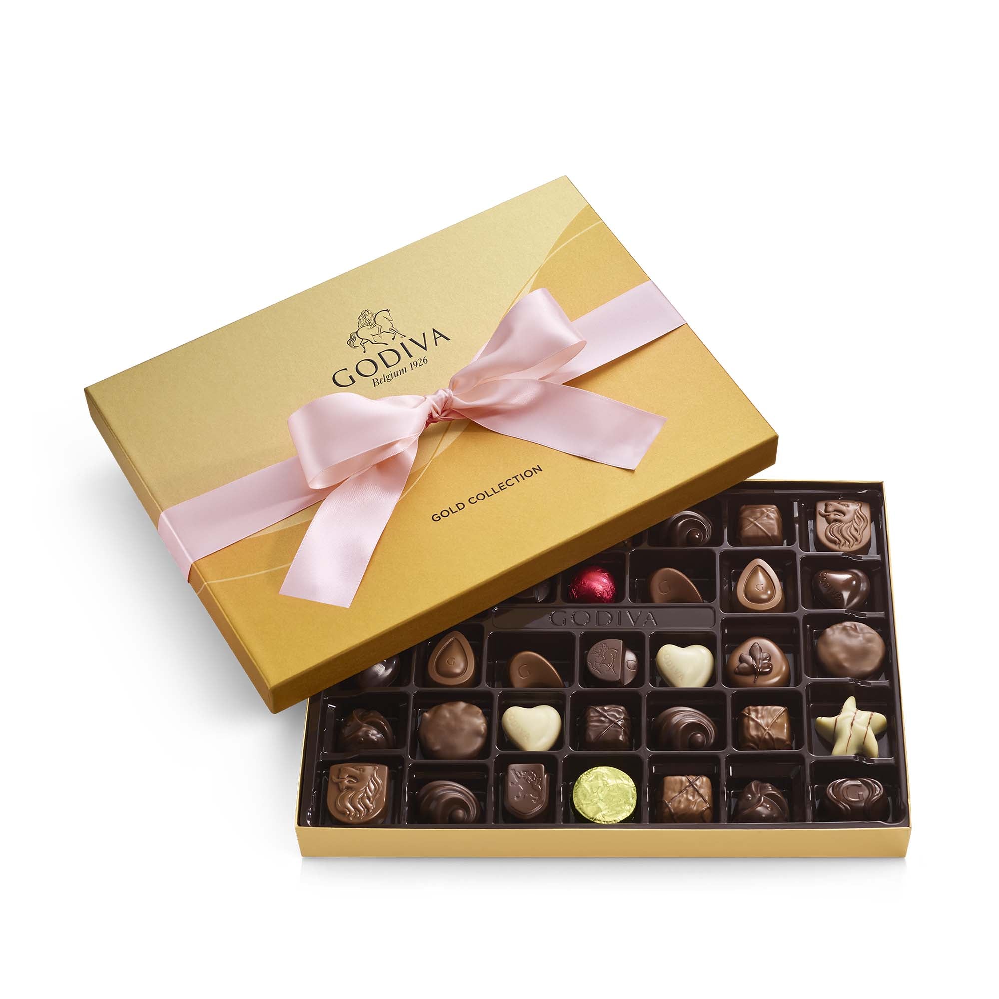 Assorted Chocolate Gold Gift Box, Pink Ribbon, 36pc.
