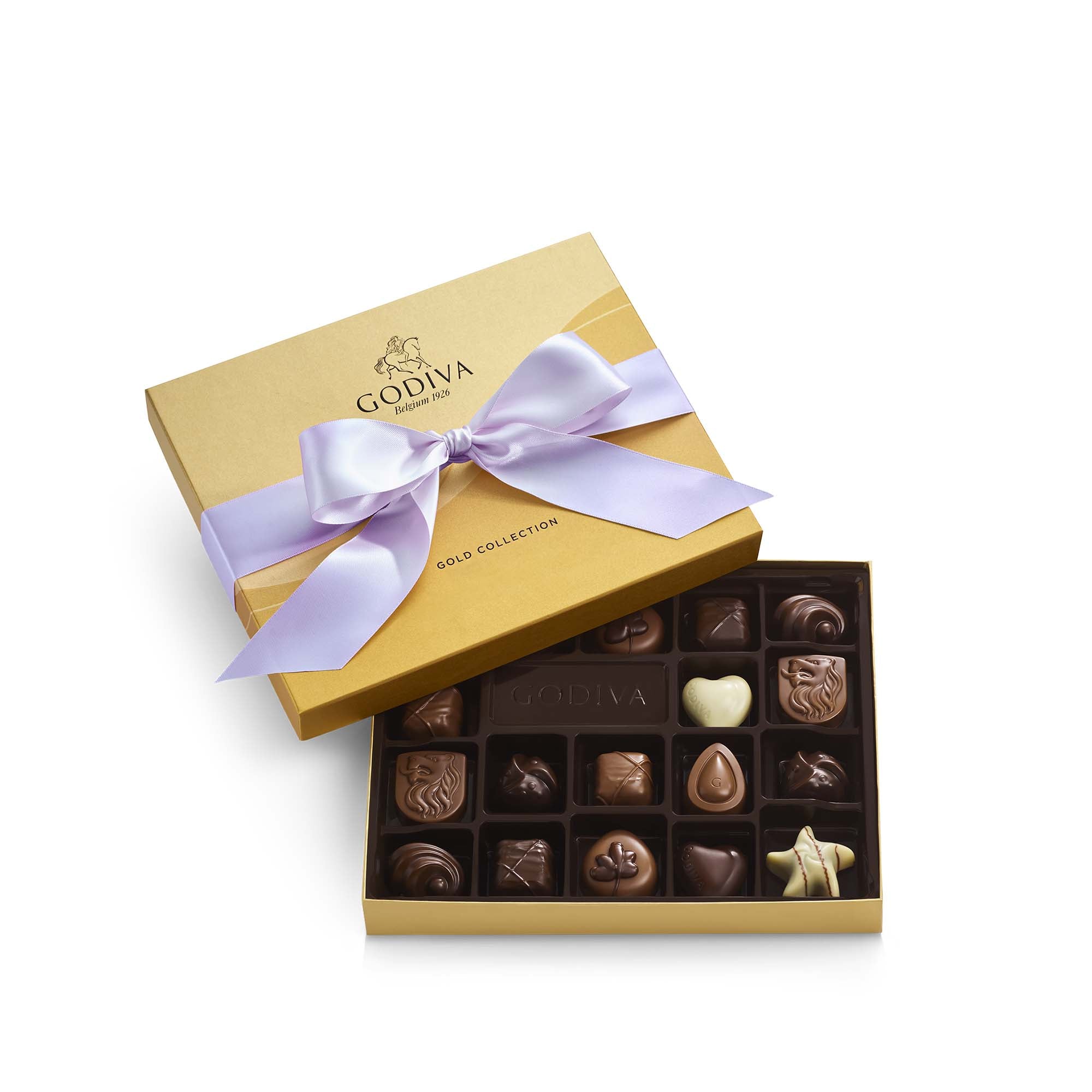 Assorted Chocolate Gold Gift Box, Orchid Ribbon, 18 pc.
