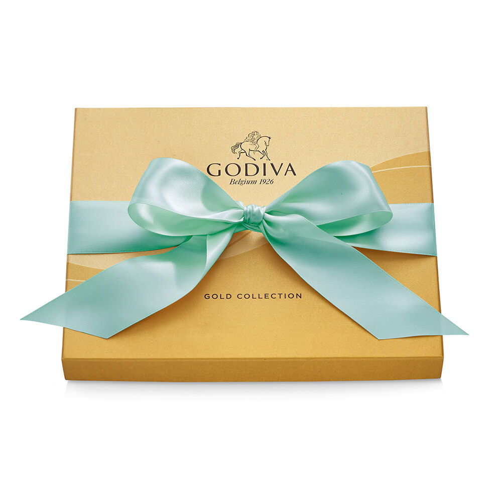Assorted Chocolate Gold Gift Box, Aqua Ribbon, 18 pc.