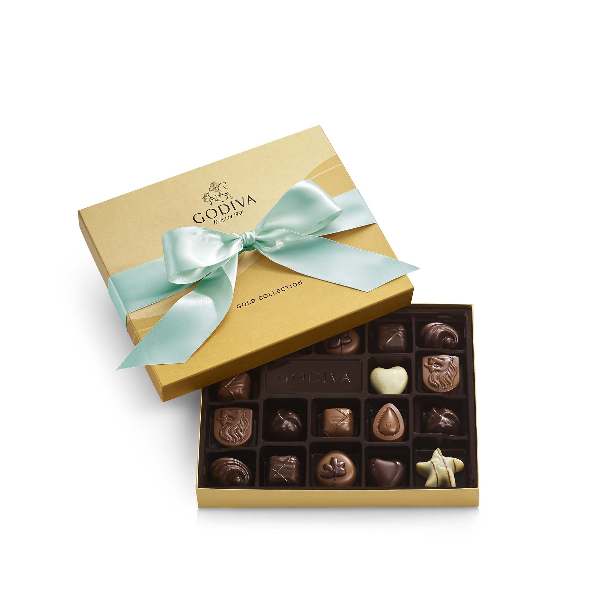 Assorted Chocolate Gold Gift Box, Aqua Ribbon, 18 pc.