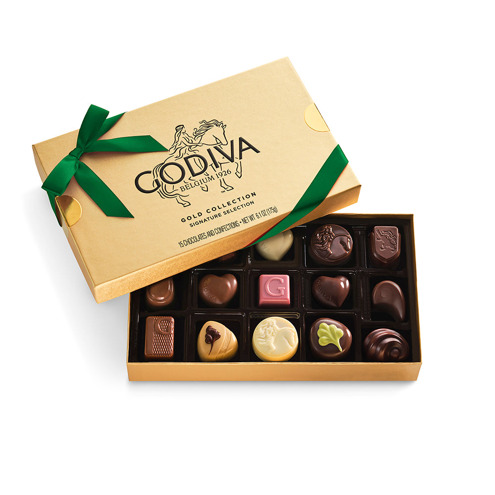 Assorted Chocolate Gold Gift Box, Green Ribbon, 15pc. | GODIVA