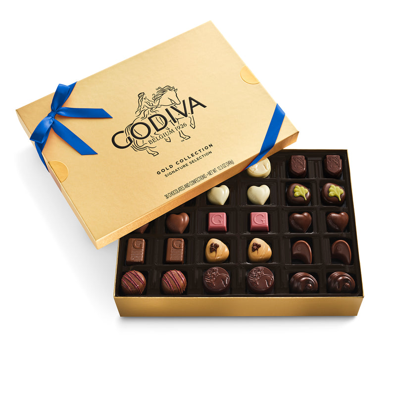Assorted Chocolate Gold Gift Box, Blue Ribbon, 30pc.