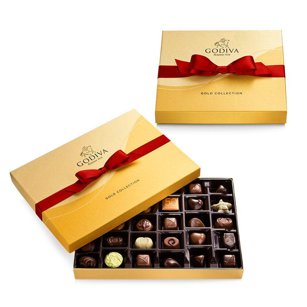 Assorted Chocolate Gold Gift Boxes, Red Ribbon, 36 pc. & 19 pc.