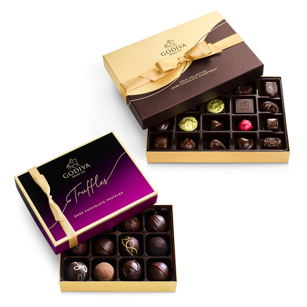 Dark Chocolate Gold Gift Box, Gold Ribbon, 22 pc. with Dark Truffles Gift Box, 12 pc.