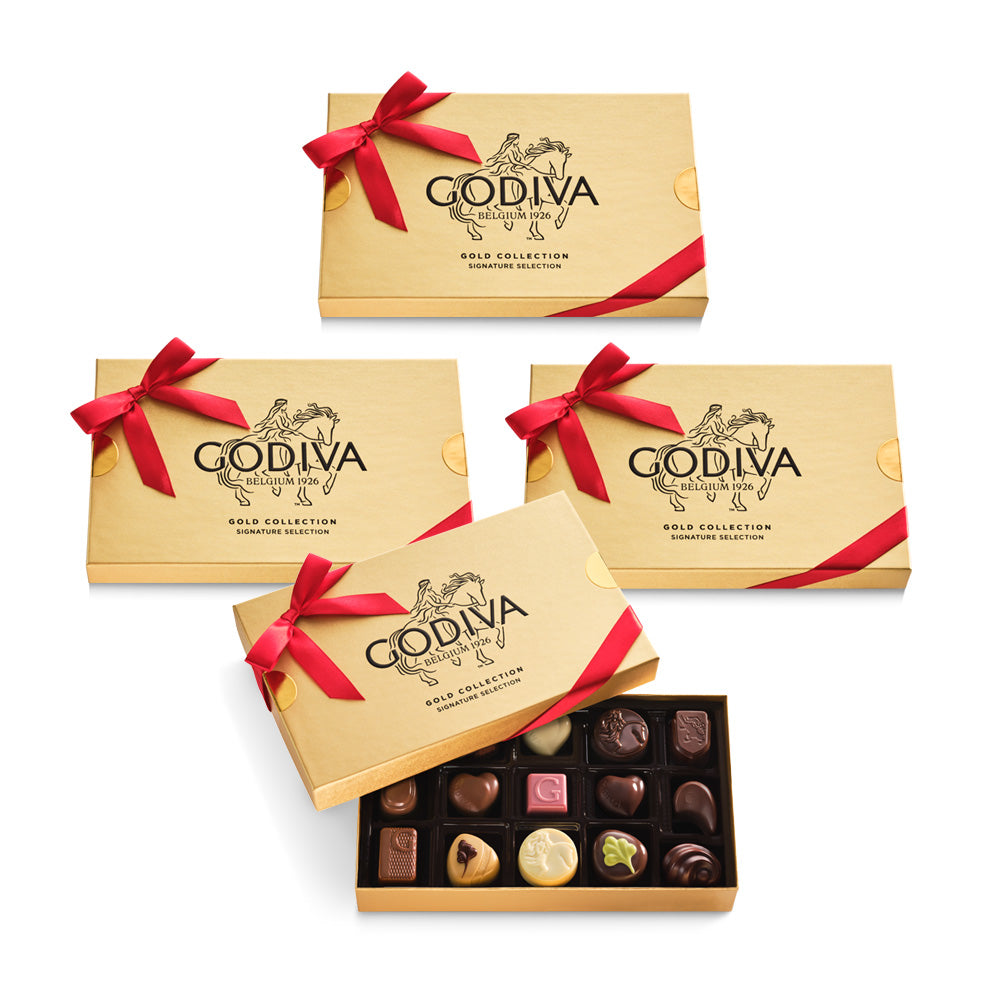 Assorted Chocolate Gold Gift Box, Red Ribbon, 15pc, Set of 4