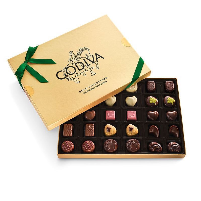 Assorted Chocolate Gold Gift Box, Green Ribbon, 30pc.