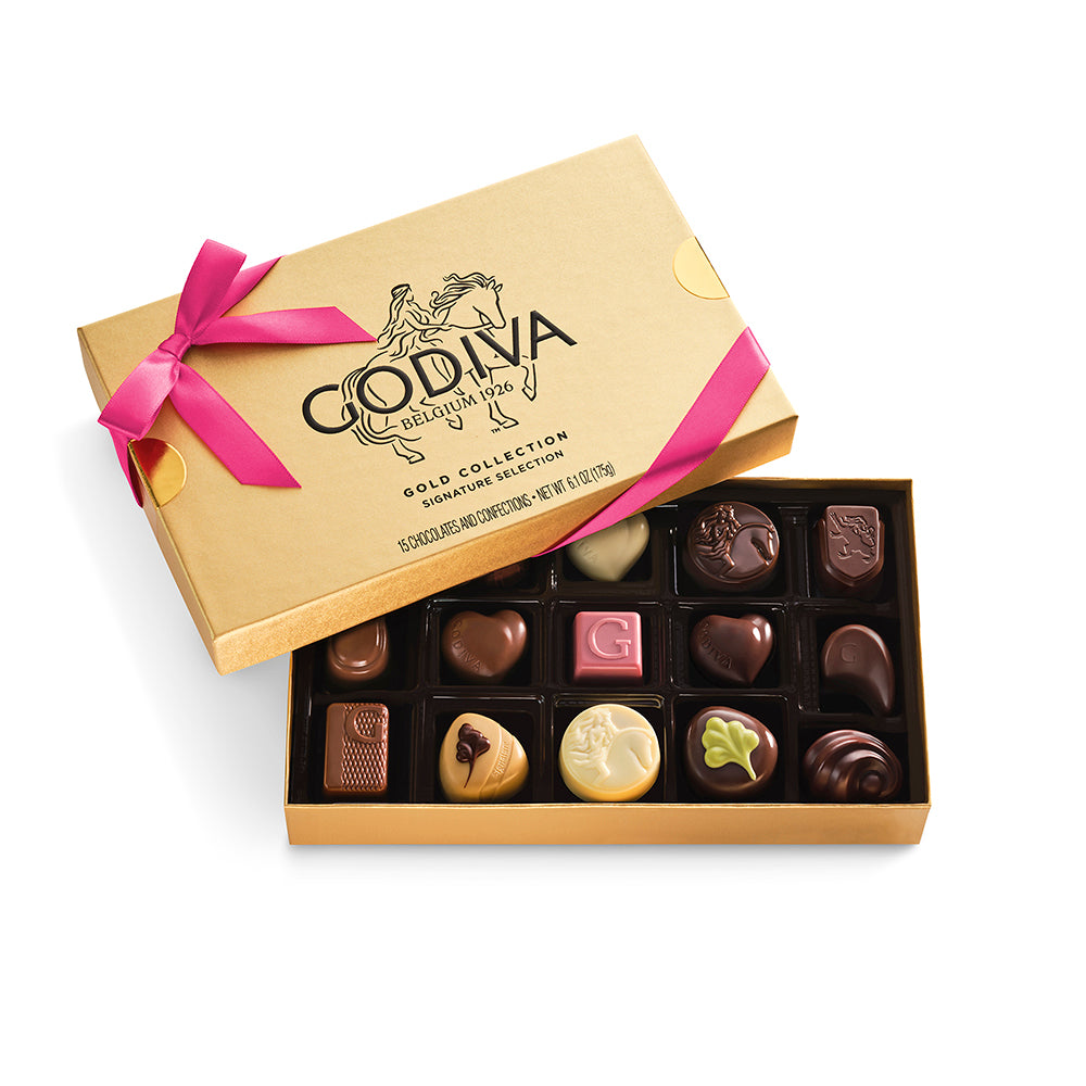 GODIVA アンリ Assorted Chocolate Gold Gift Box, Azalea Ribbon, 15pc. | GODIVA