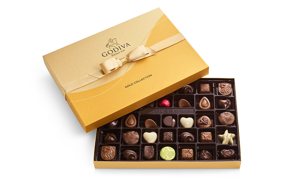 Assorted Chocolate Gold Gift Box, Gold Ribbon, 36 pc. | GODIVA