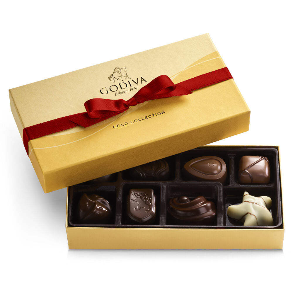 Assorted Chocolate Gold Gift Box, Red Ribbon, 8 pc. & Heart Tin, 12pc.