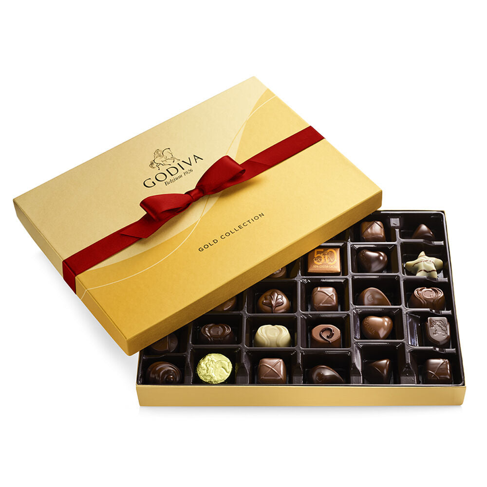 Assorted Chocolate Gold Gift Boxes, Red Ribbon, 36 pc. & 19 pc.