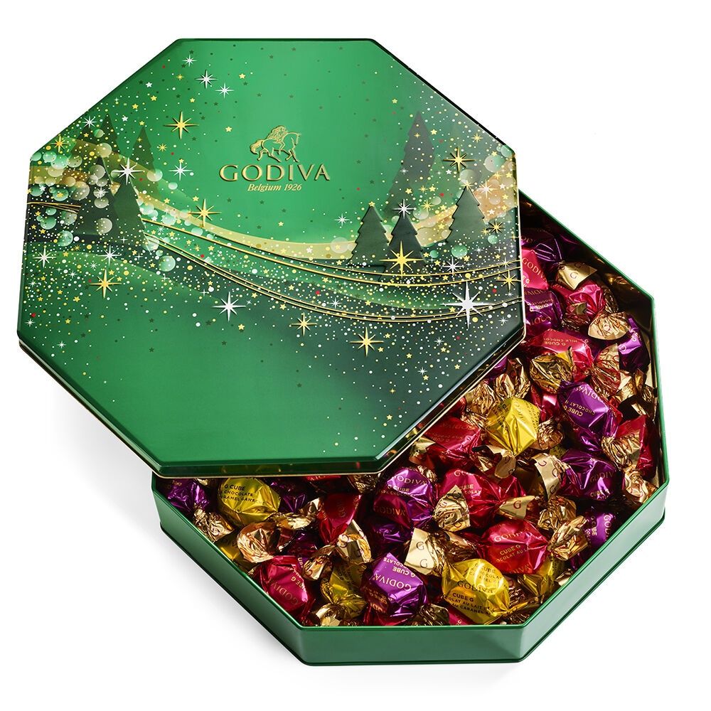 Holiday Sparkle Tin Assorted Wrapped G Cube Truffles, 50 pc.