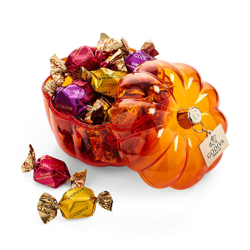Pumpkin Candy Dish with Assorted G Cube Truffles, Set of 2