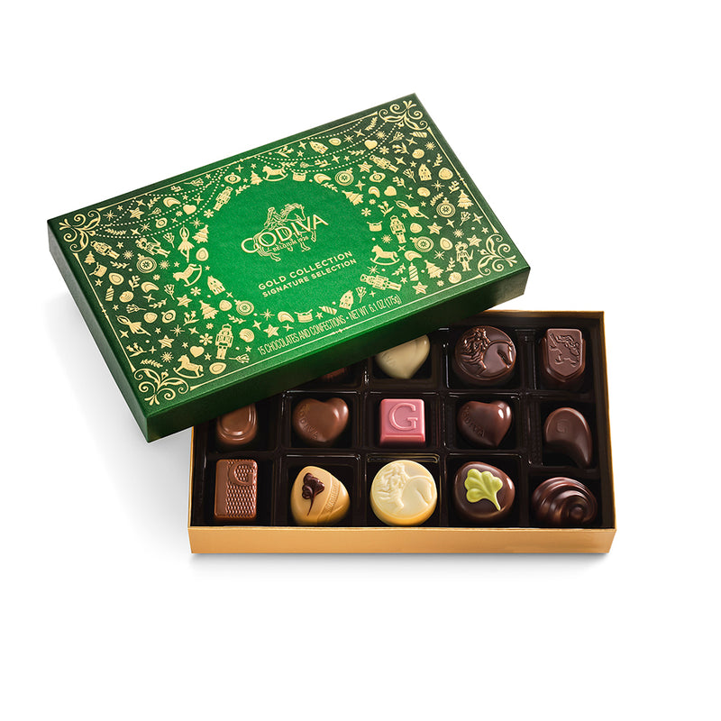 Assorted Chocolate Gold Gift Box, Holiday Edition, 15pc.