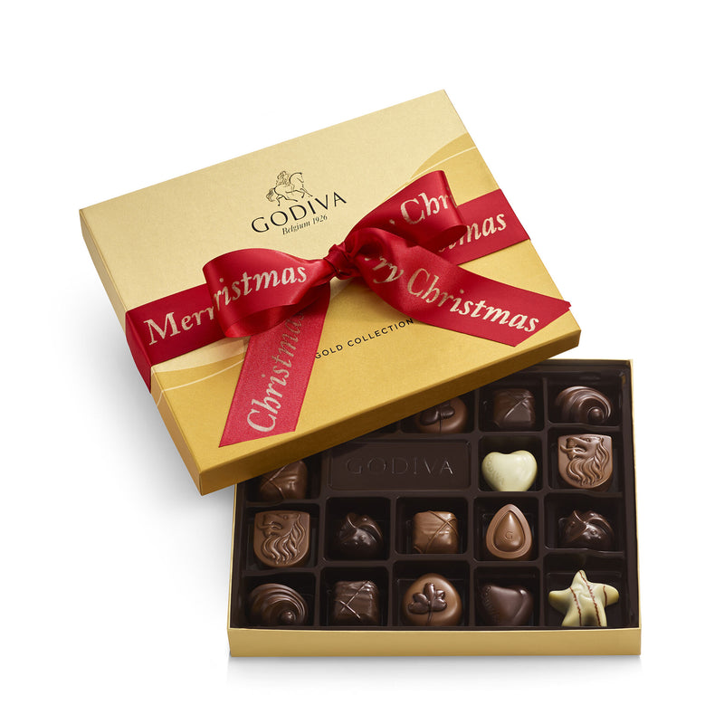 Assorted Chocolate Gold Gift Box, Merry Christmas Ribbon, 18 pc.