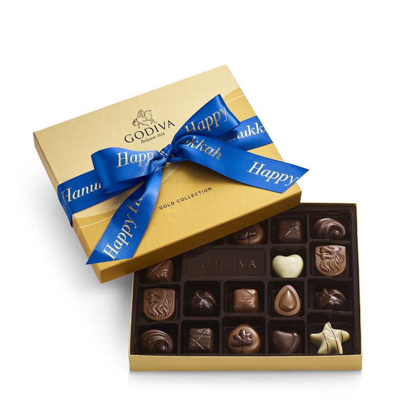 Assorted Chocolate Gold Gift Box, Happy Hanukkah Ribbon, 18 pc.