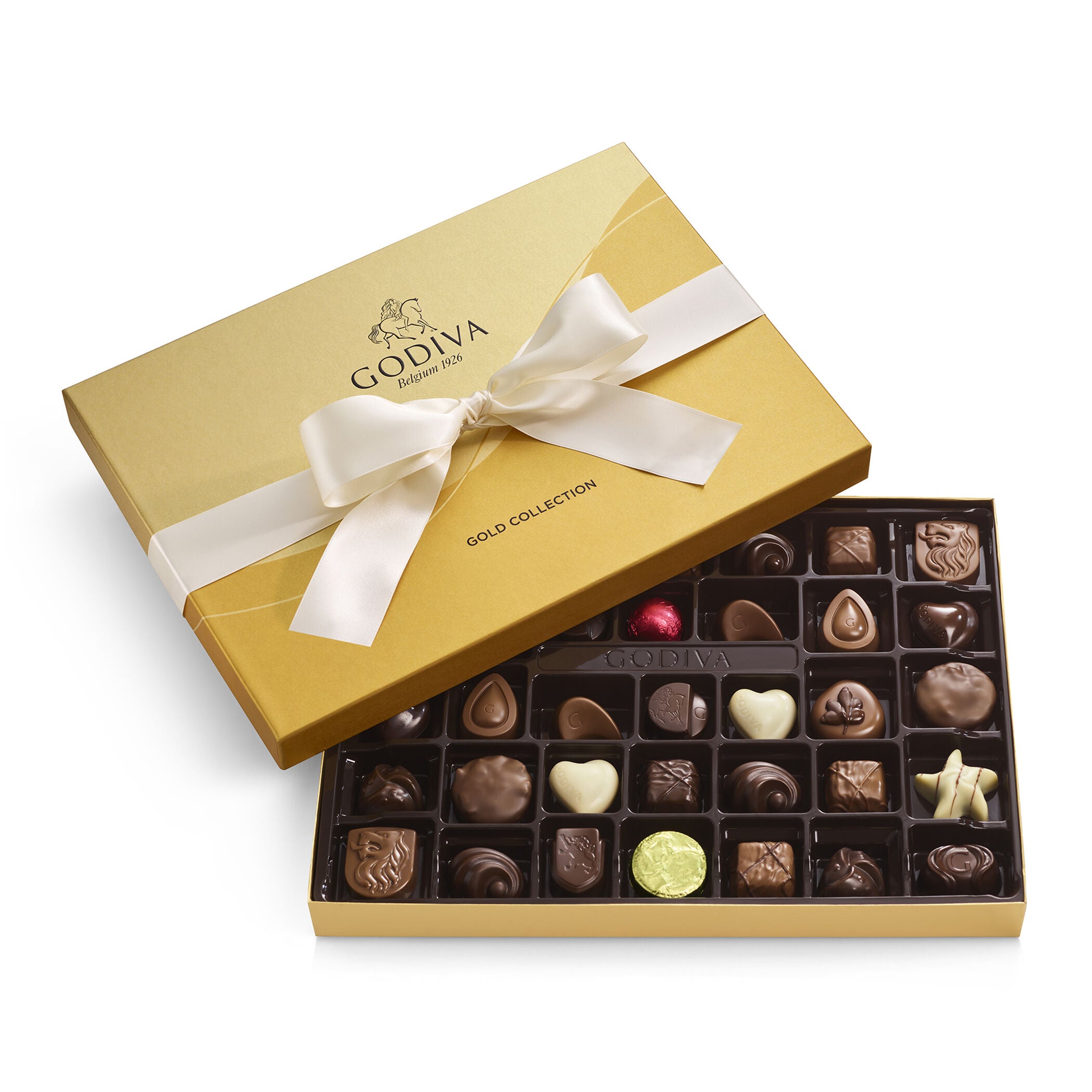Assorted Chocolate Gold Gift Box, Solid Ivory Ribbon, 36pc.