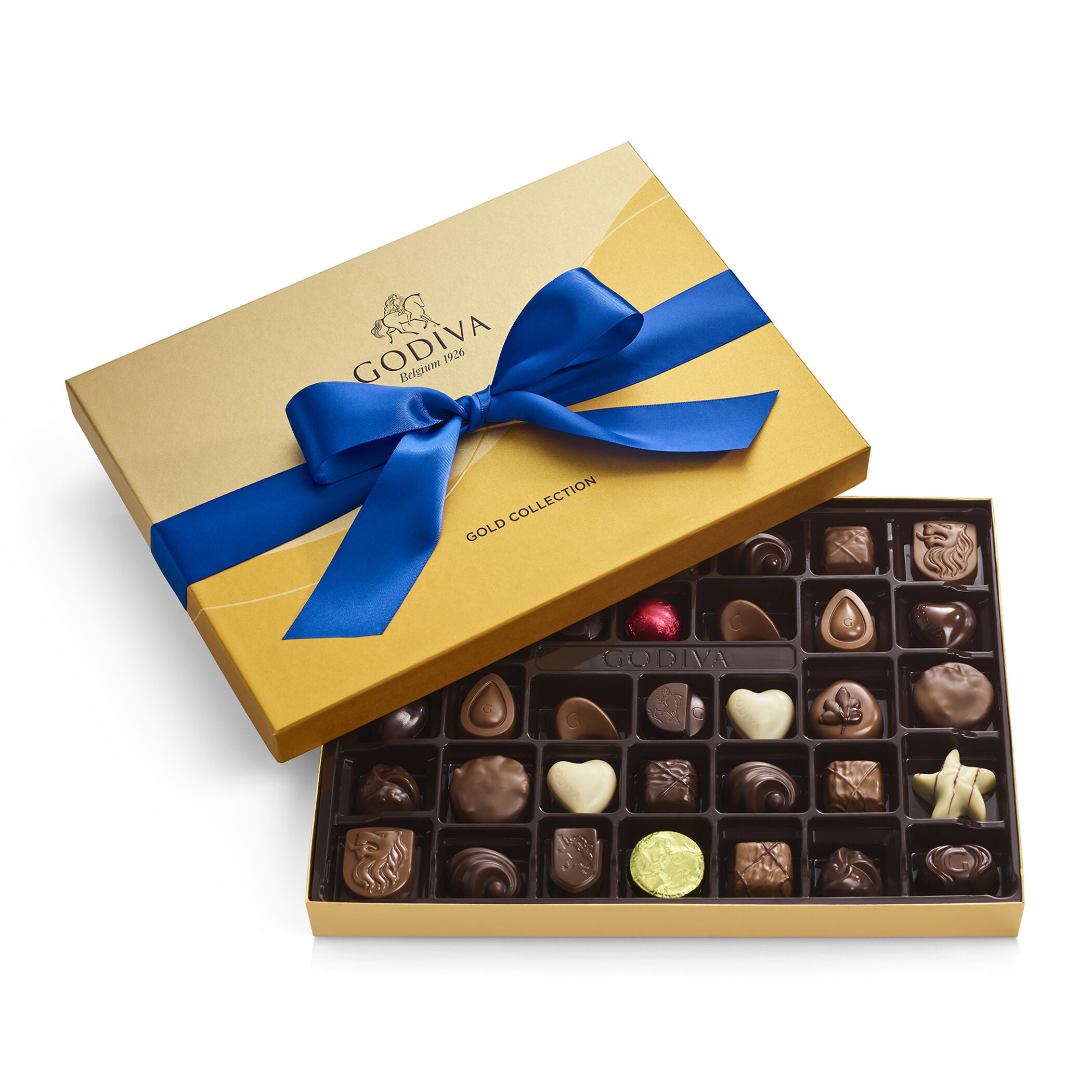 Assorted Chocolate Gold Gift Box, Solid Blue Ribbon, 36pc.