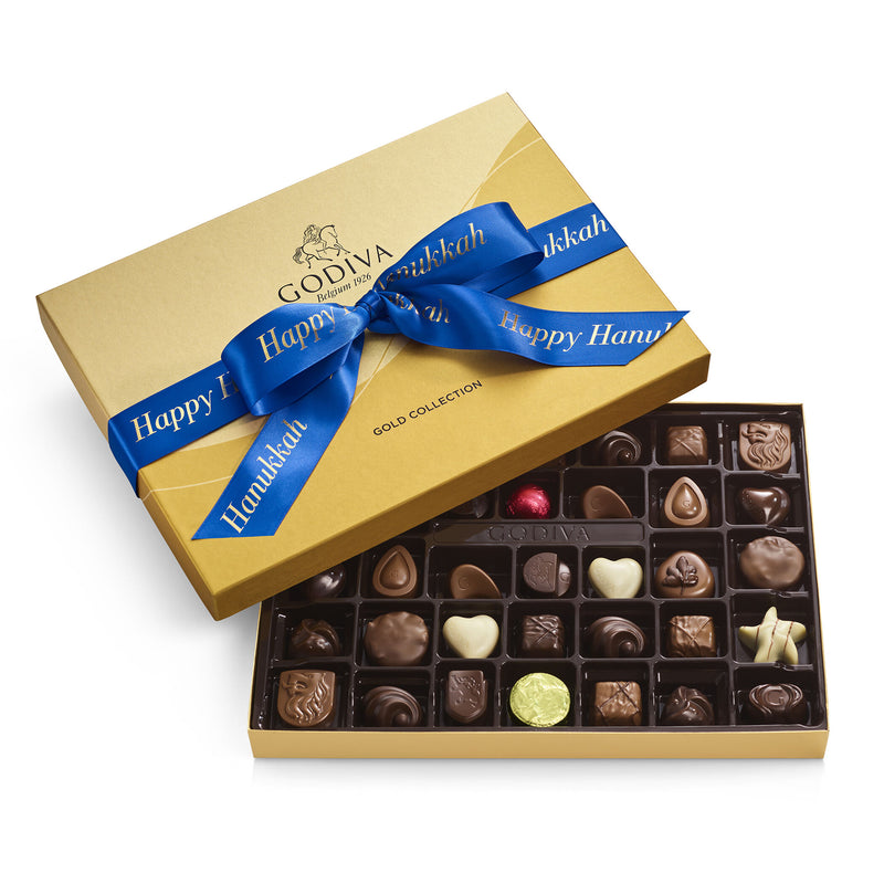 Assorted Chocolate Gold Gift Box, Happy Hanukkah Ribbon, 36pc.