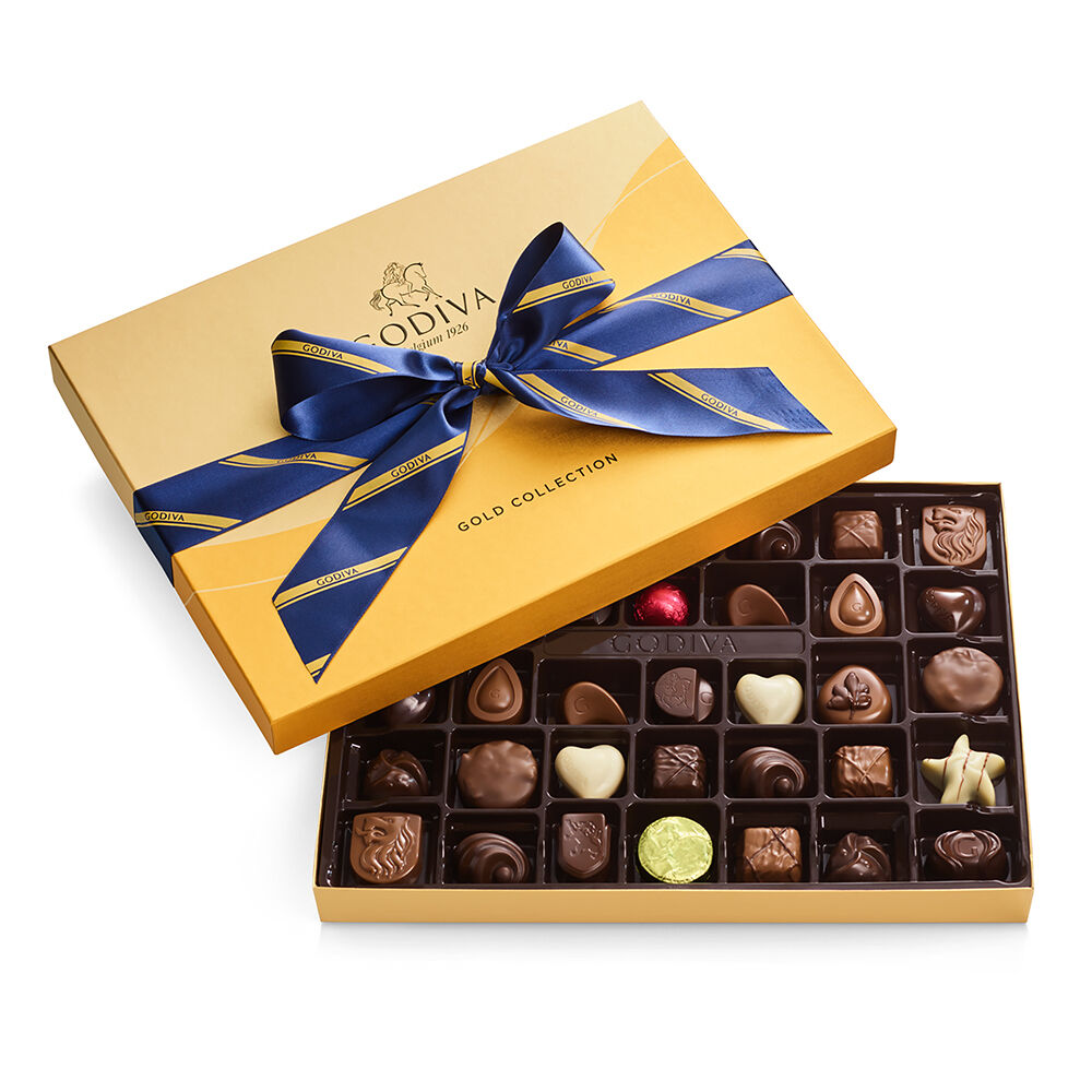 Assorted Chocolate Gold Gift Box, Striped Ribbon, 36pc.