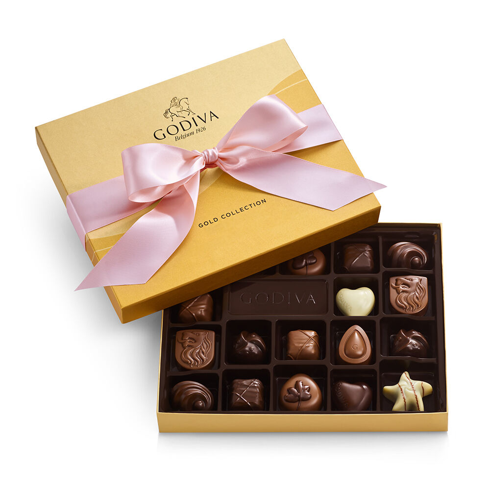 Assorted Chocolate Gold Gift Box, Pink Ribbon, 18 pc.
