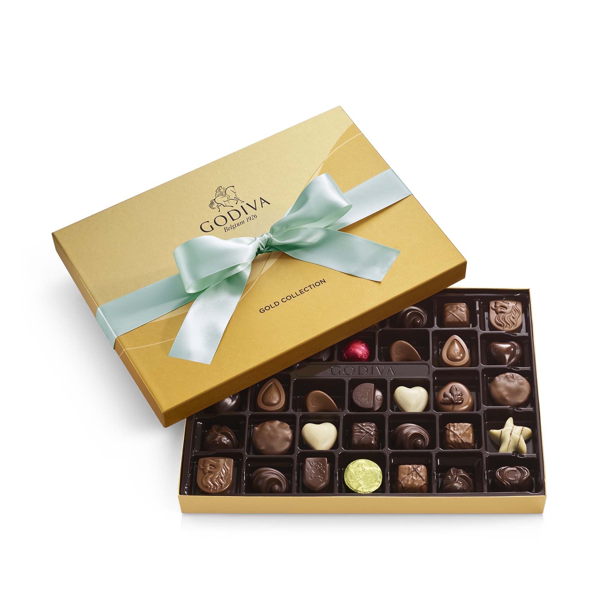 Assorted Chocolate Gold Gift Box, Aqua Ribbon, 36 pc.