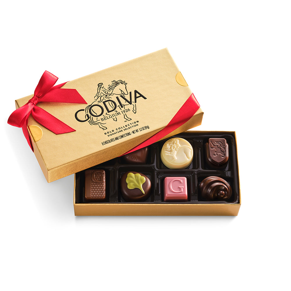 Assorted Chocolate Gold Gift Box, Red Ribbon, 36pc. | GODIVA