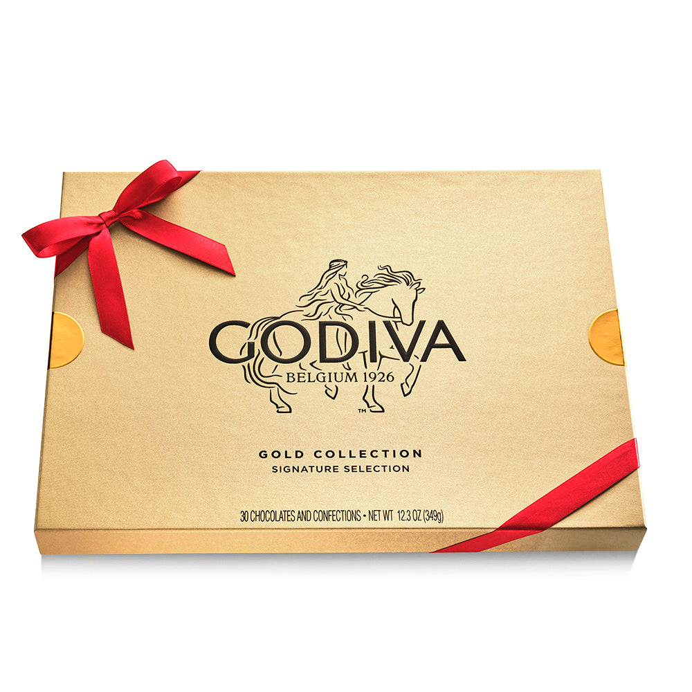 Assorted Chocolate Gold Gift Box, Red Ribbon, 30pc. | GODIVA
