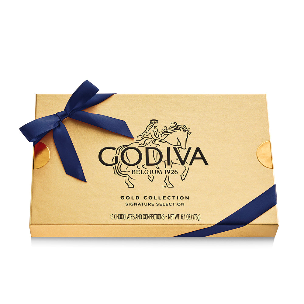 Assorted Chocolate Gold Gift Box, Navy Ribbon, 15pc. | GODIVA