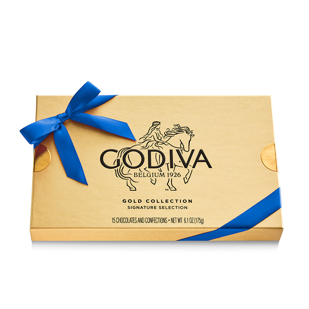 Assorted Chocolate Gold Gift Box, Blue Ribbon, 15pc. – GODIVA