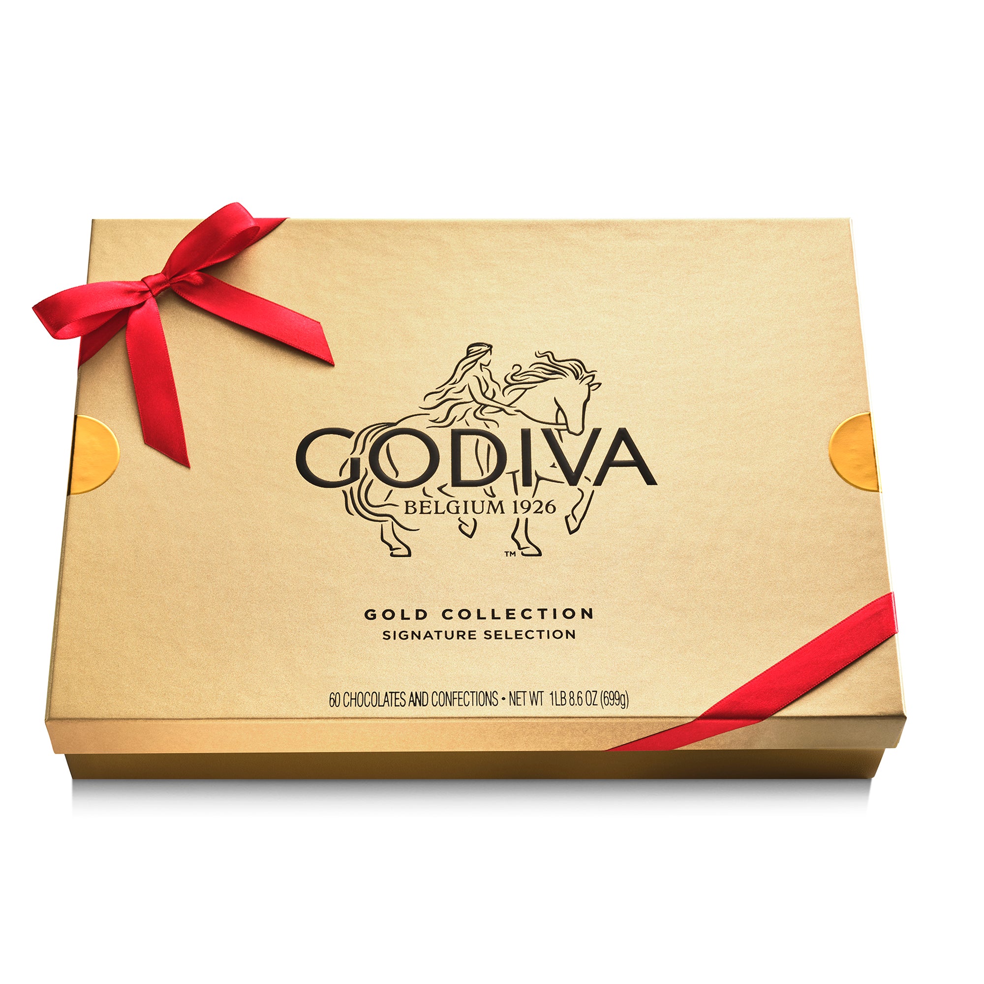 Assorted Chocolate Gold Gift Box, Red Ribbon, 60pc. | GODIVA