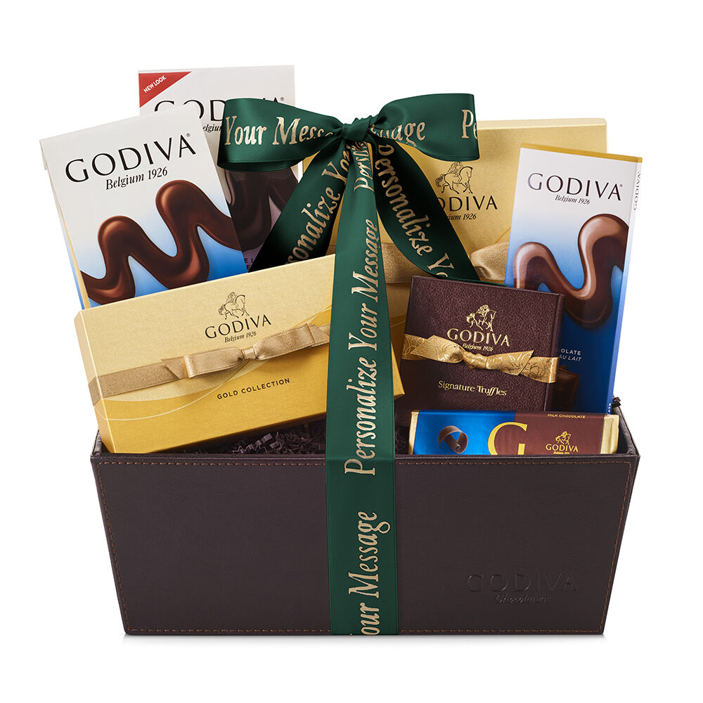 Chocolate Celebration Gift Basket, Personalized Forest Green Ribbon