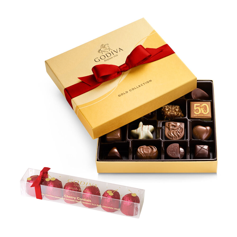 Assorted Chocolate Gold Gift Box with Red Ribbon, 19pc., & Cherry Cordials