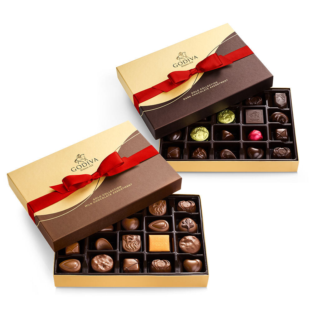 Milk & Dark Chocolate Gift Boxes, Red Ribbon, 22pc