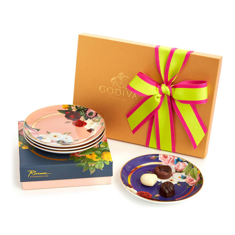 Set of 4 Appetizer Plates with Spring Assorted Chocolate Gift Box, 36 pc.