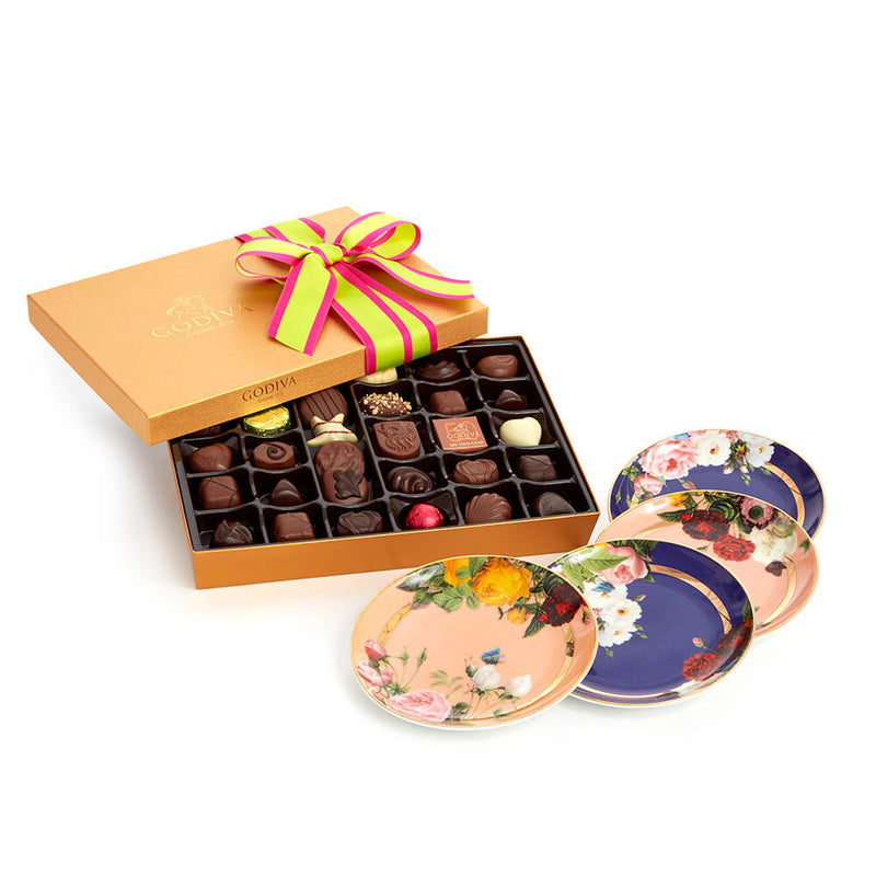 Set of 4 Appetizer Plates with Spring Assorted Chocolate Gift Box, 36 pc.
