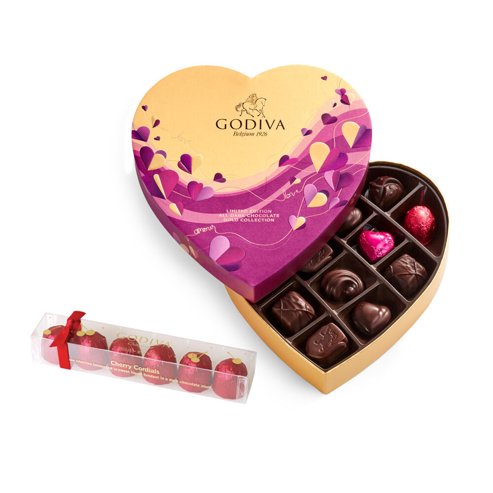Valentine's Day Heart Assorted Dark Chocolate Gift Box, 14 pc. with Cherry Cordials