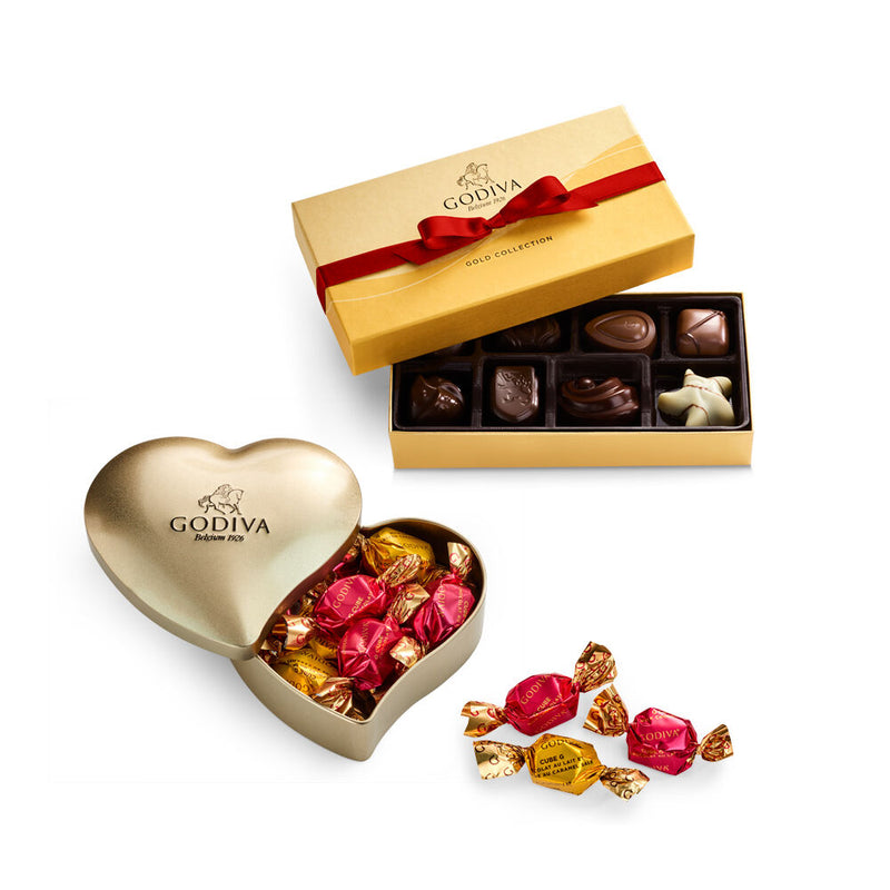 Assorted Chocolate Gold Gift Box, Red Ribbon, 8 pc. & Heart Tin, 12pc.